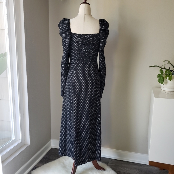 Black Polka Dot Print Gigot Long Sleeve Midi Dress - Picture 3 of 13